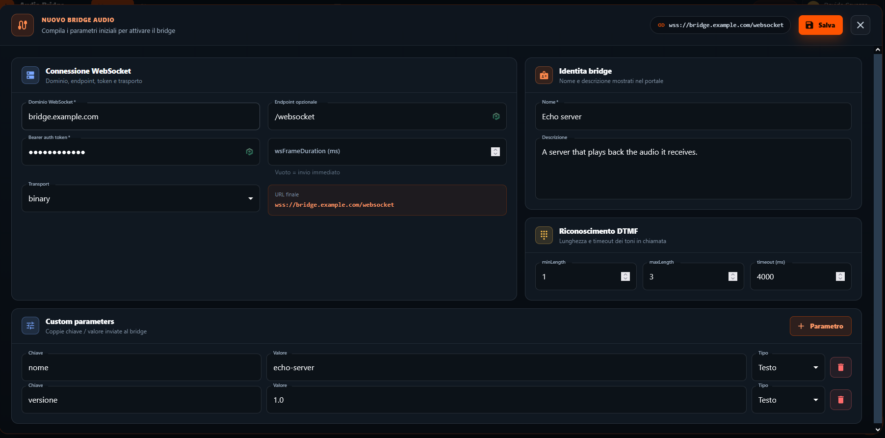 Form del portale per creare un Bridge Audio: sezioni Connessione WebSocket (dominio, endpoint, bearer token, transport, URL finale), Identità bridge (nome e descrizione), Riconoscimento DTMF (minLength, maxLength, timeout) e Custom parameters.