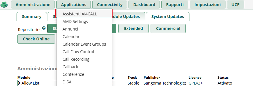 AI4CALL nel menu FreePBX