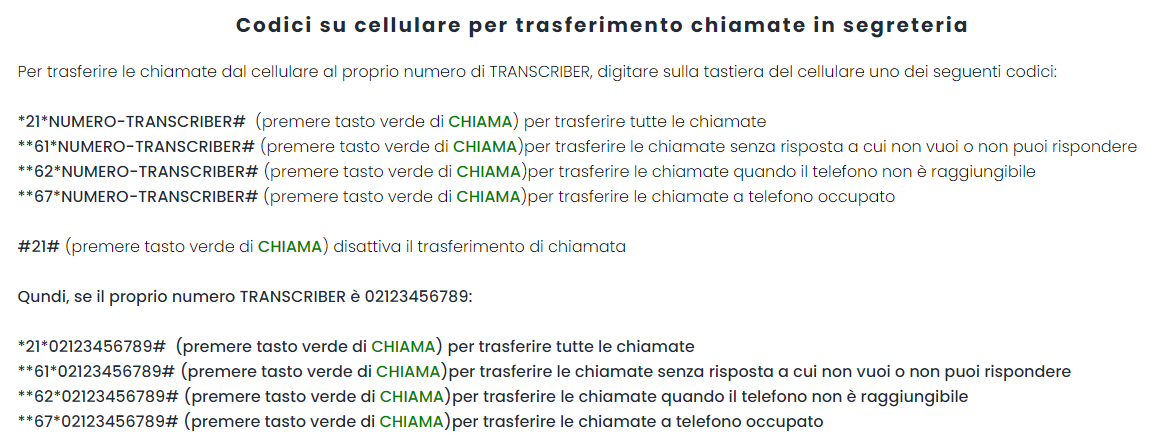 Codici trasferimento chiamate per transcriber